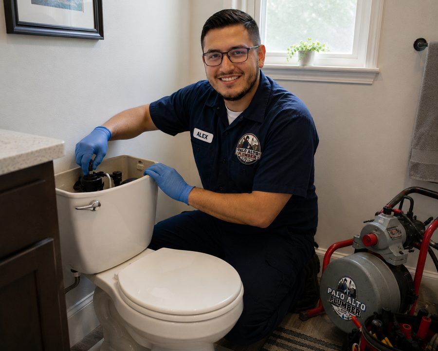 Palo Alto Plumber Co. technician servicing a toilet